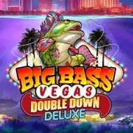 Portada del juego Big Bass Vegas Double Down Deluxe: pez con sombrero y lentes ante Las Vegas de noche