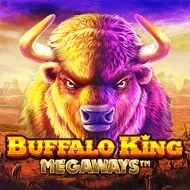 Portada del juego Buffalo King Megaways: cabeza de bisonte en la pradera al atardecer
