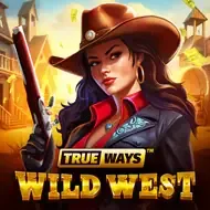Portada del juego True Ways Wild West: vaquera con sombrero y revólver frente a un salón