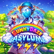 Portada del juego Sunnydaze Asylum: personaje con mascarilla ante un paisaje verde con arcoíris